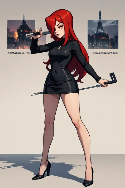 parasoul, 1girl, solo, long red hair, black clothes, holding umbrella, 1 long umbrella, in combat, movement, very short dress, e...