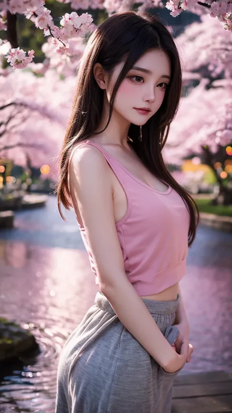 create an enchanting illustration of a beautiful woman wearing a tank top, set against a backdrop of a sakura night park. ensure...