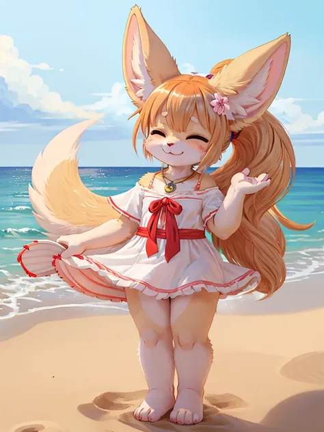 fennec, young female, kemono, small arms and legs, cute, happy face, flowered dress, beach, standing, eyes closed