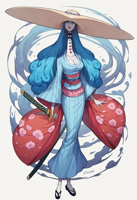 Charlotte Almond, blue hair, blue eyes, gray skin, long neck, lips, hoop earrings, huge hat, choker, katana at side, black shoes, cleavage, kimono