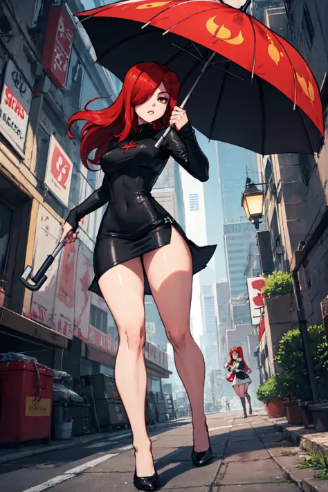 parasoul, 1girl, solo, long red hair, black clothes, holding umbrella, 1 long umbrella, in combat, movement, short dress, focus ...