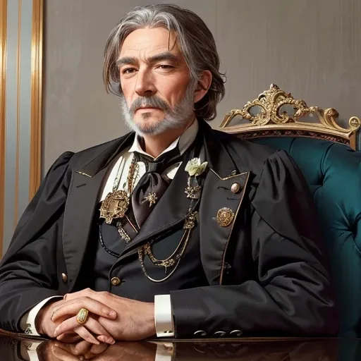 a close up of a distinguished older man in a suit and tie sitting at a table, steampunk, victorian, a man wearing byzantine style aristocratic clothes, nobleman