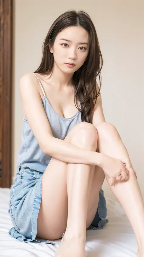 (((Highest quality,Very detailed,masterpiece,Very detailed))) ,(((Bend your knees))),loose breast,See-through,camisole,one piece,barefoot,One Girl,Realistic,Lying down,Bedroom、Looks sleepy