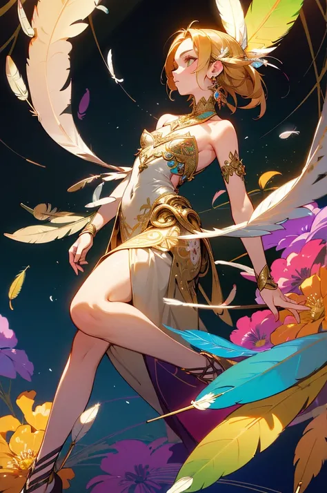 A girl with small breasts, bare shoulders, golden hair, colored feathers, metal ornaments, colored flowers, particles, light rays, (masterpiece, top quality, best quality, official art, beautiful and aesthetic:1.2), (1girl:1.3), extremely detailed,(fractal...