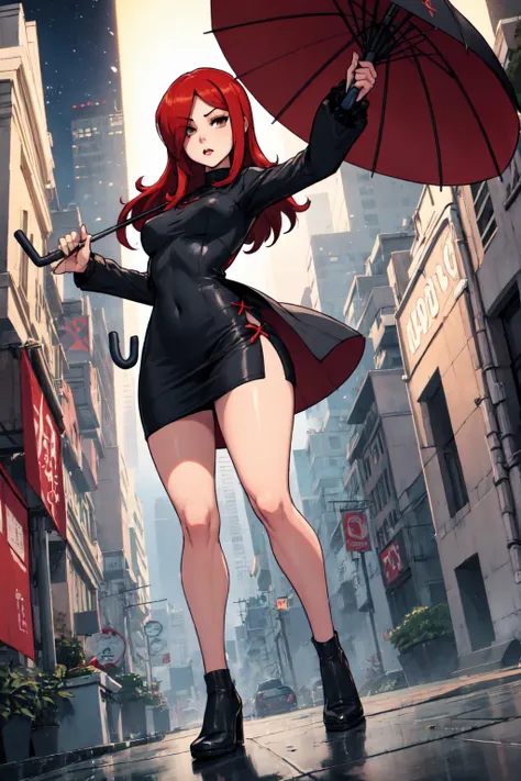 parasoul, 1girl, solo, long red hair, black clothes, holding umbrella, 1 long umbrella, in combat, movement, short dress, focus ...