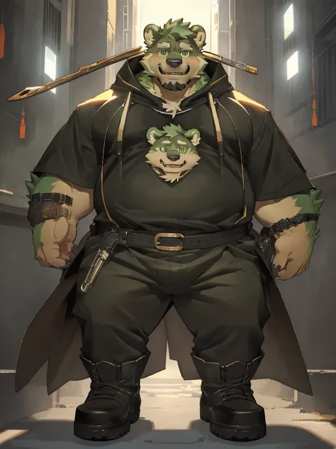 anthro, kemono, male, solo, ((round face, very plump face, thick beard)), (((dark beard))), ((endomorph body type, old-aged, mature)), ((green bear, bear) fluffy fur, fluffy), (high quality, highres, masterpiece), (dynamic lighting, vivid color), (generous...