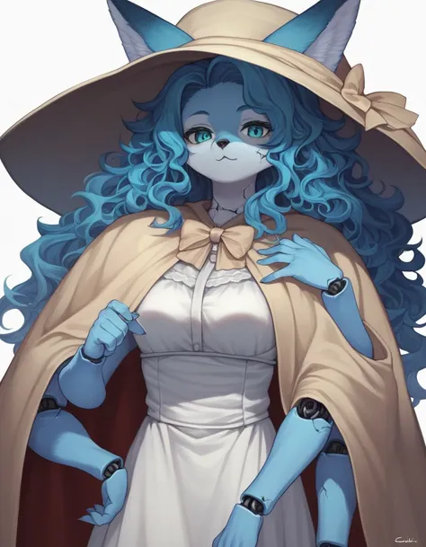 Score_9, score_8_up, score_7_up, kemono style, 1girl, solo, an Anthro furry blue fox girl, fox snout, black nose, IncrsXLRanni, wavy hair, cracked skin, colored skin, blue fur, extra arms, four arms, doll joints, white dress, hat, cloak, 