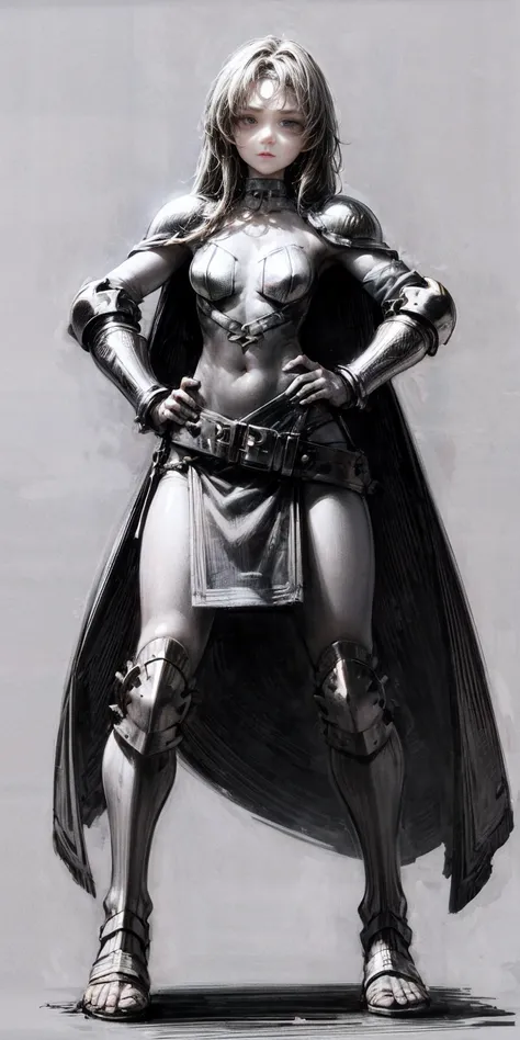 Subject:

1 Solo Female Gladiator
Pose:

Full body, whole body
Standing tall, hands on hips (conveying confidence)
Feet together, conveying a strong stance
View from slightly below, emphasizing her power
Clothing and Armor:

Loincloth (detailed and well-cr...