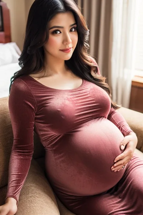 gorgeous voluptuous pregnant woman holding her big belly wearing tight velvet maternity dress having contractions pain
