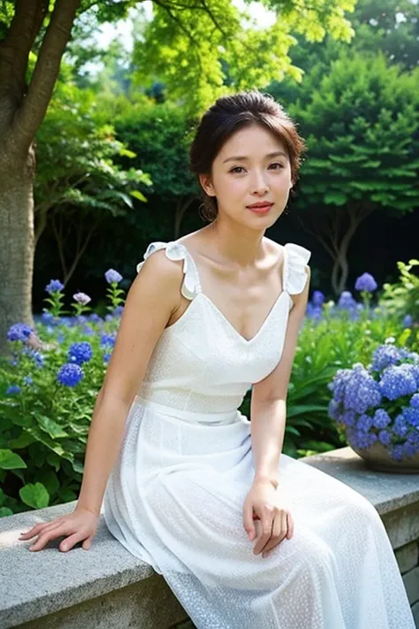 (Highest quality, masterpiece: 1.2), Portraiture, chest, Outdoor, 20 year old woman in the garden: 2, White lightweight summer long dress, Background messy light blue flowers、squirt, Different costumes, Different Angle, Backlight: 1.5, Rich skin detail: 1....