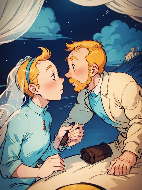 The wedding of Tintin and Haddock from Hergés comics in delicate pastel colors.