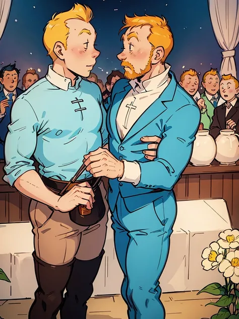 The wedding of Tintin and Haddock from Hergés comics in delicate pastel colors.