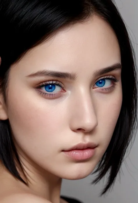 girl with short black hair, blue eyes, white skin and beautiful nose