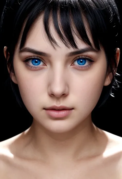 girl with short black hair, blue eyes, white skin and beautiful nose