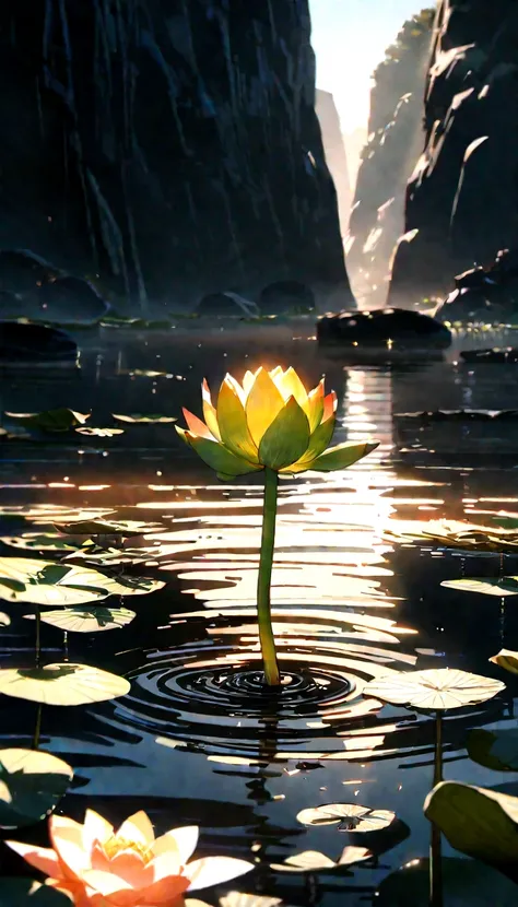 lotus, Green Stem, Silt emerges from the water, Golden Light, Buddha&#39;s Light Shines, Ultra HD, Retina, masterpiece, precise, Super Detail, High Detail, high quality, high resolution, 16K