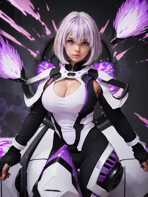 (bangs:1.3), (new heat core by purple explosion  :1.5), (mixed white hair :1.4),(perfect skin girl:1.4),(beautiful hair1.3),(big boobs:1.3) 
(black carbon suits:1.3),(neatly groomed short hair :1.4),(cute eyes:1.5),(after strike impact driven:1.5)