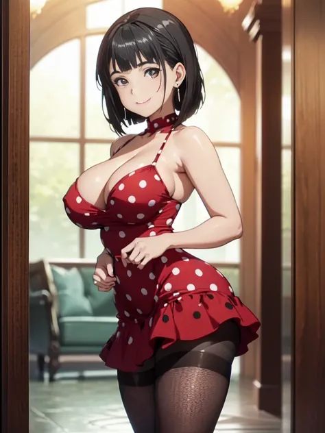 Masterpiece, best quality, ultra detailed, !(beautiful girl smiling), !(She has short black hair, long earrings, big breasts, big butt and big thighs)
, !(She wears a (tight short red-black polka dot dress) with a low cut on the chest, tall fishnet pantyho...