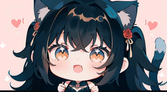 Chibi, girl,  A pretty woman, long black wavy hair, Brown eyes, cat ears and tail, fangs, surrounded by roses, 