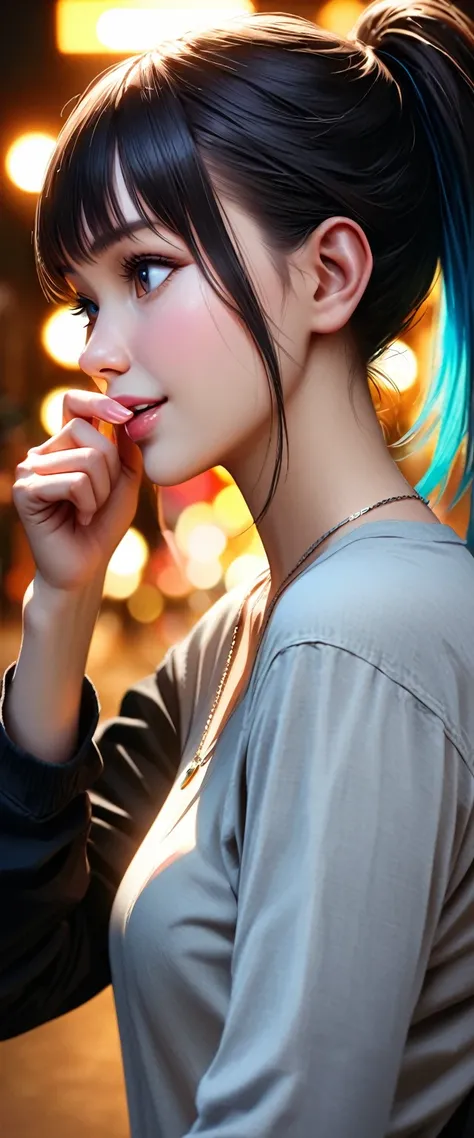 a young woman, 21 years old, alone, caucasian, black hair, cyan gradient hair, multicolored hair, ponytail, two-tone hair, blue eyes, bright smile, surprised expression, covering mouth with hand, casual clothing, urban street, thin silver necklace, best qu...