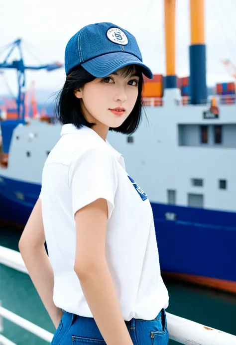  1 girl, short black hair, cap, shirts and denim, portfolio, harbor and ship, 