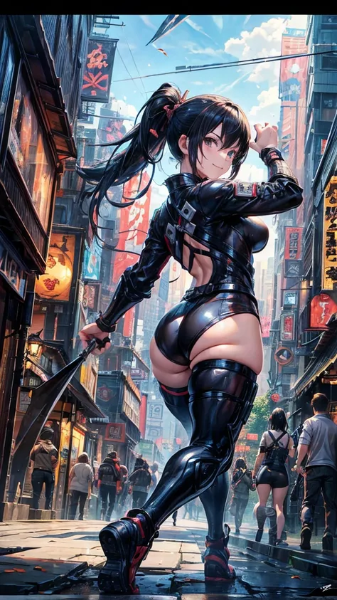 (1 mature female ninja,Age 35), ((Pub,guild)),(smile),Dynamic pose,Dynamic Angle,Pose for a photo,From below,Elderly woman、Trading Card Game Frames、Highest Rare、Five Fingers、Signature mark、Big Butt、Black Hair、Fighting Pose、Ninja costume、Full Body Suit、kuna...