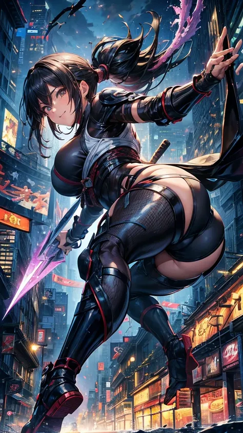 (1 mature female ninja,Age 35), ((Pub,guild)),(smile),Dynamic pose,Dynamic Angle,Pose for a photo,From below,Elderly woman、Trading Card Game Frames、Highest Rare、Five Fingers、Signature mark、Big Butt、Black Hair、Fighting Pose、Ninja costume、Full Body Suit、kuna...