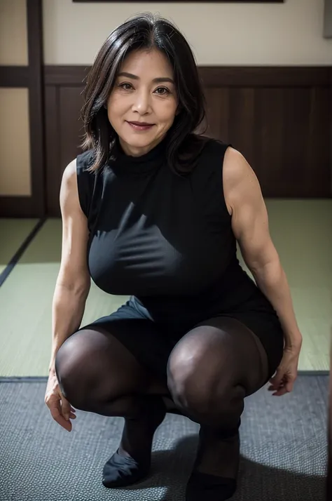 (masterpiece:1.4),(60-year-old woman:1.5),(facial wrinkles 1.2),A kind smile, (mid-length hair : 1.1), (sleeveless black mourning dress), (black nylon tights : 1.2), Motherhood Mature Woman, plump arms, plump thighs, (focus on thighs : 1), squatting on tat...