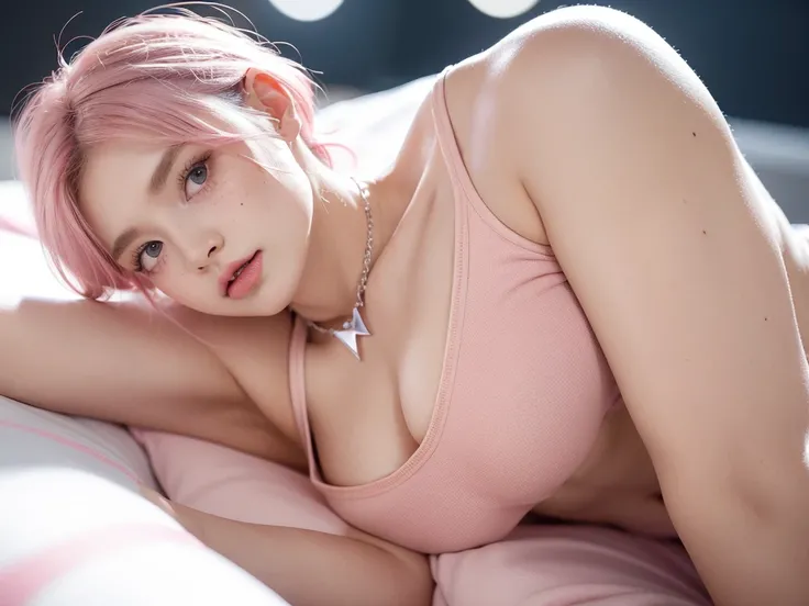 Fashion photography, model, full body , sudden click, camara distance 50 m , Cute girl short pink hair, with bows on each side of the hair, all her hair short pink , with a star clip in her pink hair, light colored eyes, pretty eyes, crying eyes, pretty, u...