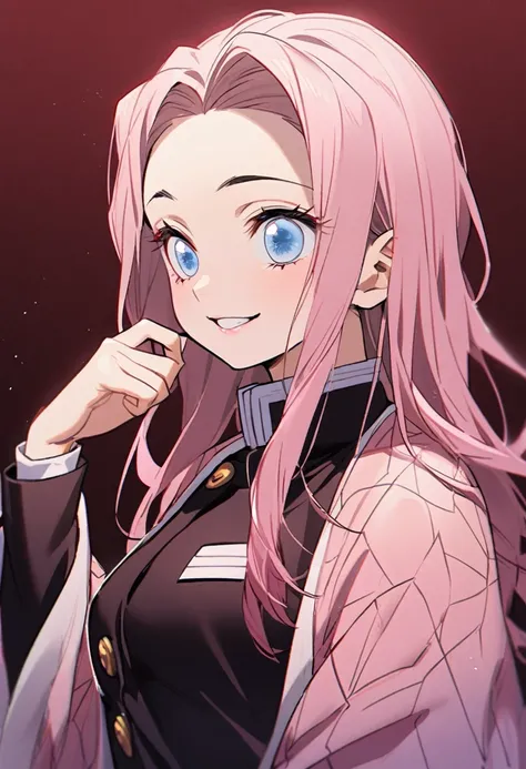 1 pretty girl in kimetsu no yaiba style, long hair, light pink hair, light blue eyes, demon hunter uniform,pink and white haori,(flat breasts),hand on chin, face tilted to the side, Grinning,dark red background 