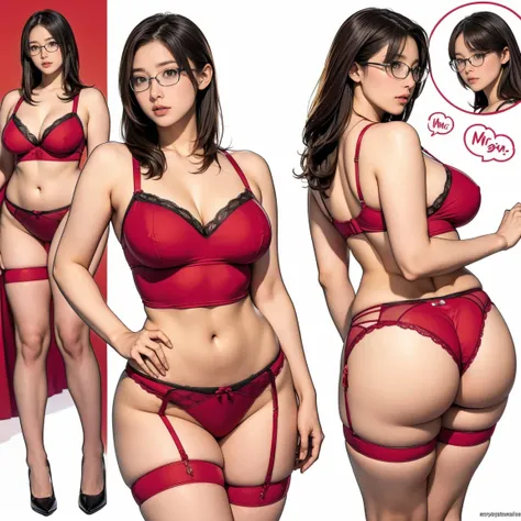 ((masterpiece)),(((highest quality))),((Reference Sheet, Character Design, in front, looking at the viewer , girl with glasses, ~ ~ in front posing, Mr..々Hairstyle, Mr..々Performance, Facial Expressions)), 30-year-old girl in panties red, Cute type, (curvy:...