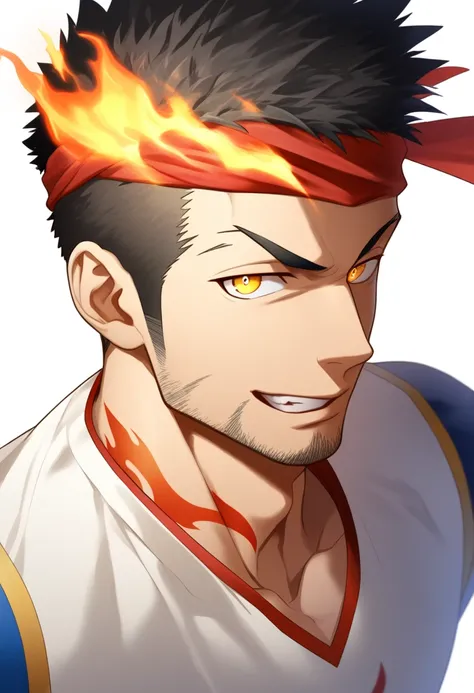 anime characters：Gyee, priapus, 1 young muscular man, male focus, Flame tattoo, sports Red headband, Creamy white spandex tight T-shirt, muscular male, muscular, only, Upper body, alone, Black short hair, stubble, Yellow eyes, White background, simple back...