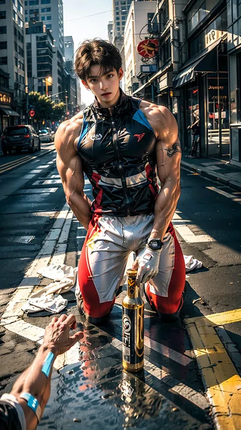 masterpiece,best quality, (A well-built 18-year-old tall boy:1.2), (Kneeling upright in the street:1.2),Orange tight cycling suit,male，(Broad shoulders),Muscular shoulders，（Extremely strong body），Fitness，Inverted triangle figure，Biceps，Highlight muscle tex...