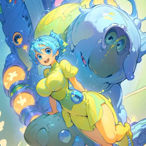 (masterpiece), ((perfect anatomy)), (high Res), (4k), joy, blue eyes, blue hair, yellow skin, huge breast, wide hips, (((green dress))), happy, (((anime artstyle))), (((solo))), narrow waist