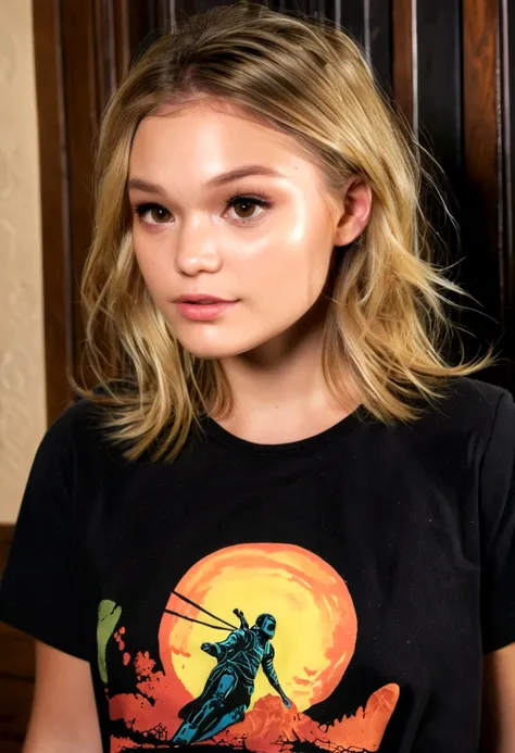 Olivia Holt, (8k, RAW photos, top quality, masterpiece: 1.2), ultra detail, super resolution, (real, real photos: 1.37), plain black t-shirt