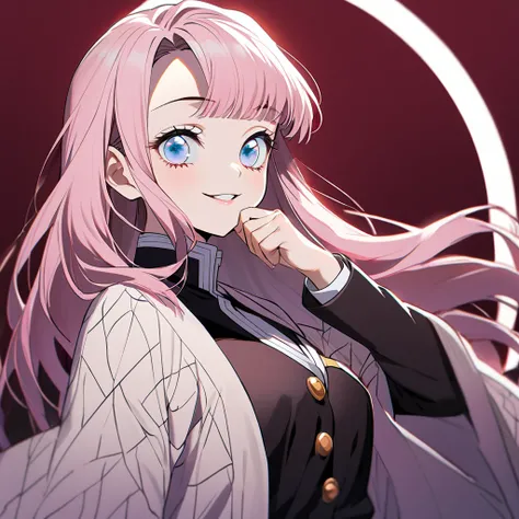 1 pretty girl in kimetsu no yaiba style, long hair, light pink hair with bangs,light blue eyes, demon hunter uniform,pink and white haori,(flat breasts),hand on chin, face tilted to the side, Grinning, gazing at viewer,dark red background