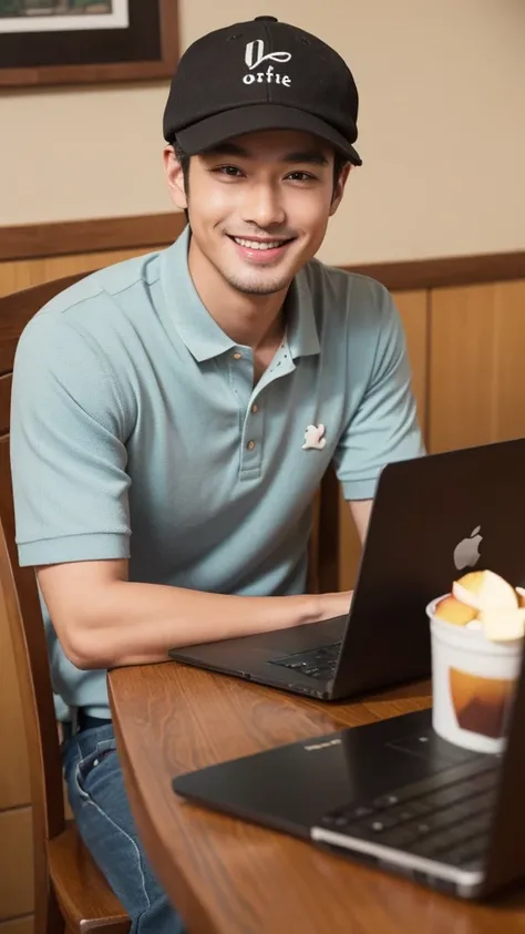 a man on a cozy cafe working Apple laptop in front of him, smile to camera, wearing hat, polo shirt