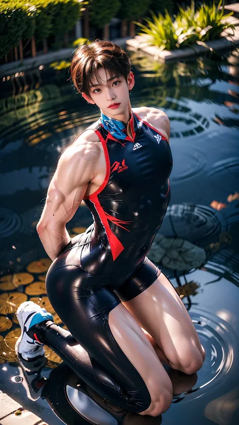 masterpiece,best quality, (An 18-year-old boy with extraordinary development:1.2), Full body picture，(Kneeling in the pond:1.2),Orange tight cycling suit,male，(Broad shoulders),Muscular shoulders，（Extremely strong body），Fitness，Inverted triangle figure，Bic...