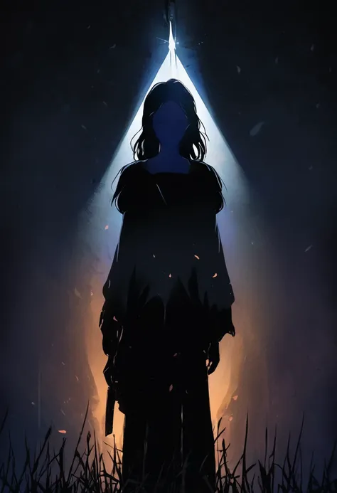 the black silhouette of a woman holding a light in the darkness, symbolizes wounds, depression and trauma, , manga style, digital art, by Marshall Arisman, cover illustration, 70mm, 7 0 mm, 70 mm, book cover illustration, by Brigette Barrager, album cover,...