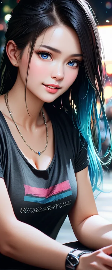 a young woman, 21 years old, alone, caucasian, black hair, cyan gradient hair, multicolored hair, ponytail, two-tone hair, blue eyes, bright smile, I close my eyes, hold my hands out in front of me and scream "Stop!", casual clothing, urban street, thin si...