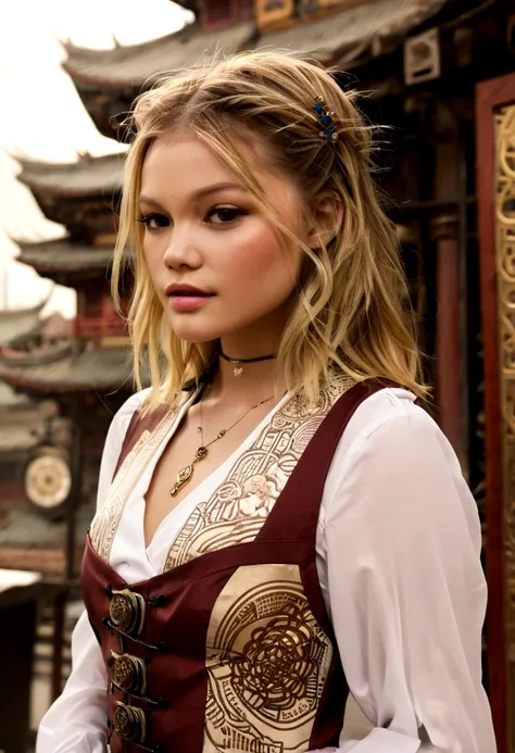 olivia holt, (best quality), girl,oriental detailed background, oriental cityscape, steampunk, miko