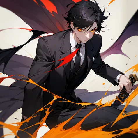 Bat wings, black tie, spider lily, yellow eyelids, red makeup, young man, short black hair, sword