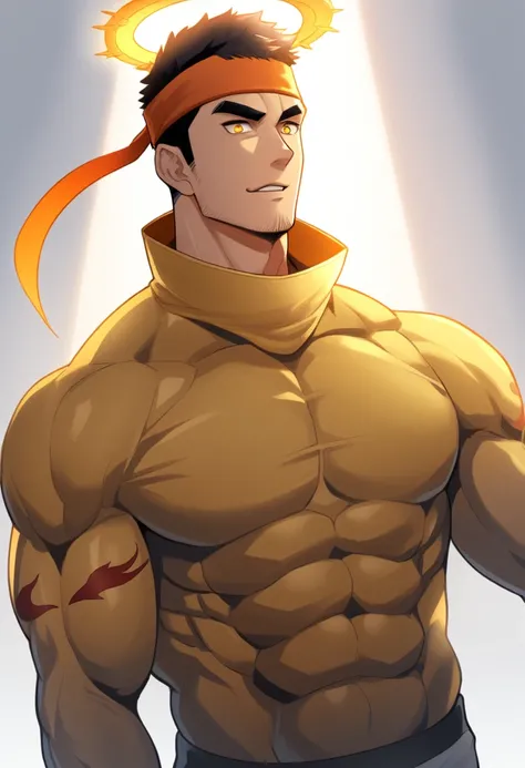 anime characters：Gyee, 1 young muscular man, male focus, Flame tattoo, sports Red headband, Dark yellow high collar long sleeve tights, Very tight, muscular male, muscular, Round, firm and full chest muscles, only, Upper body, alone, Black short hair, Thic...