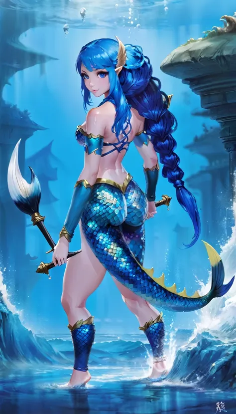 a fearsome-looking, blue-haired half-mermaid warrior