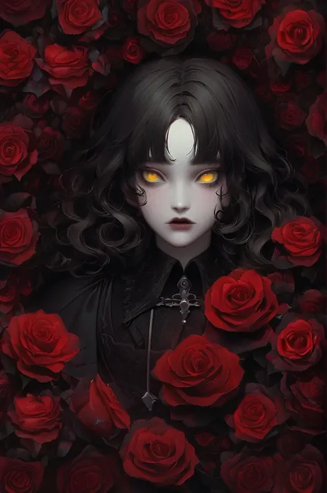 ((Лучшее качество)), ((шедевр)), (подробный), elf, vampire, black medium hair, gothic clothes, gothic, yellow eyes, blank stare, tall, medium hair, short bangs, pale skin, gothic style, blood, background of many bloody roses, lies in roses, bloody backgrou...