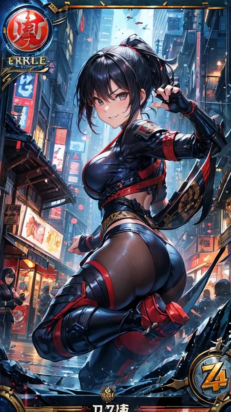 (1 mature female ninja,Age 35), ((Pub,guild)),(smile),Dynamic pose,Dynamic Angle,Pose for a photo,From below,Elderly woman、Trading Card Game Frames、Highest Rare、Five Fingers、Signature mark、Big Butt、Black Hair、Fighting Pose、Ninja costume、Full Body Suit、kuna...