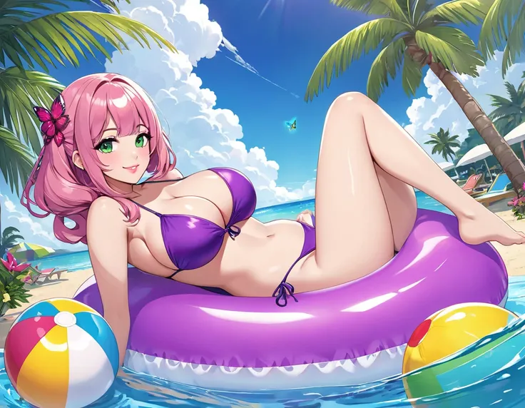 best aesthetic, lolsplashart, pool missfortune, 1girl, solo, long hair, breasts, looking at viewer, smile, bangs, very large breasts, really huge butt, big butt, massive butt, swimsuit, cleavage, pink lipstick, kiss marks, green eyes, magenta hair, pink ha...