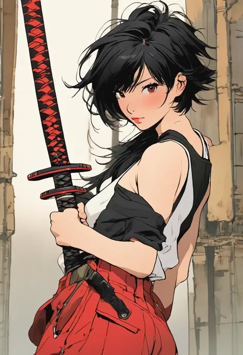 a 20 year old woman , short black hair with red tips holding a katana who is wearing a white tank top with black cargo pants