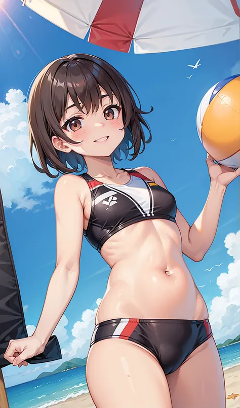 (One girl)、smile、Beach volleyball player、Belly button、beach、Dark brown short hair、Dark brown eyes