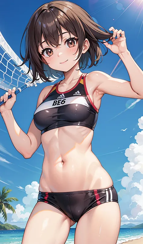 (One girl)、smile、Beach volleyball player、Belly button、beach、Dark brown short hair、Dark brown eyes