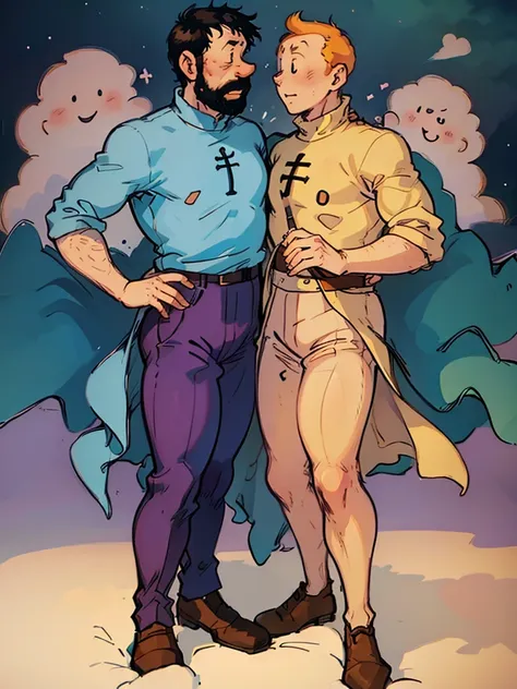 The wedding of Tintin and Captain Haddock from Hergés comics in delicate pastel colors.  Both men.  Tintin is slightly shorter than Captain Haddock.  Haddock has black hair.